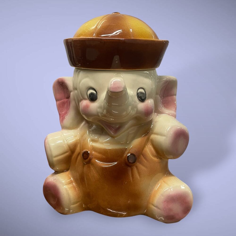 Vintage American Bisque Sailor Elephant Cookie Jar Pink Brown Ceramic 1950s